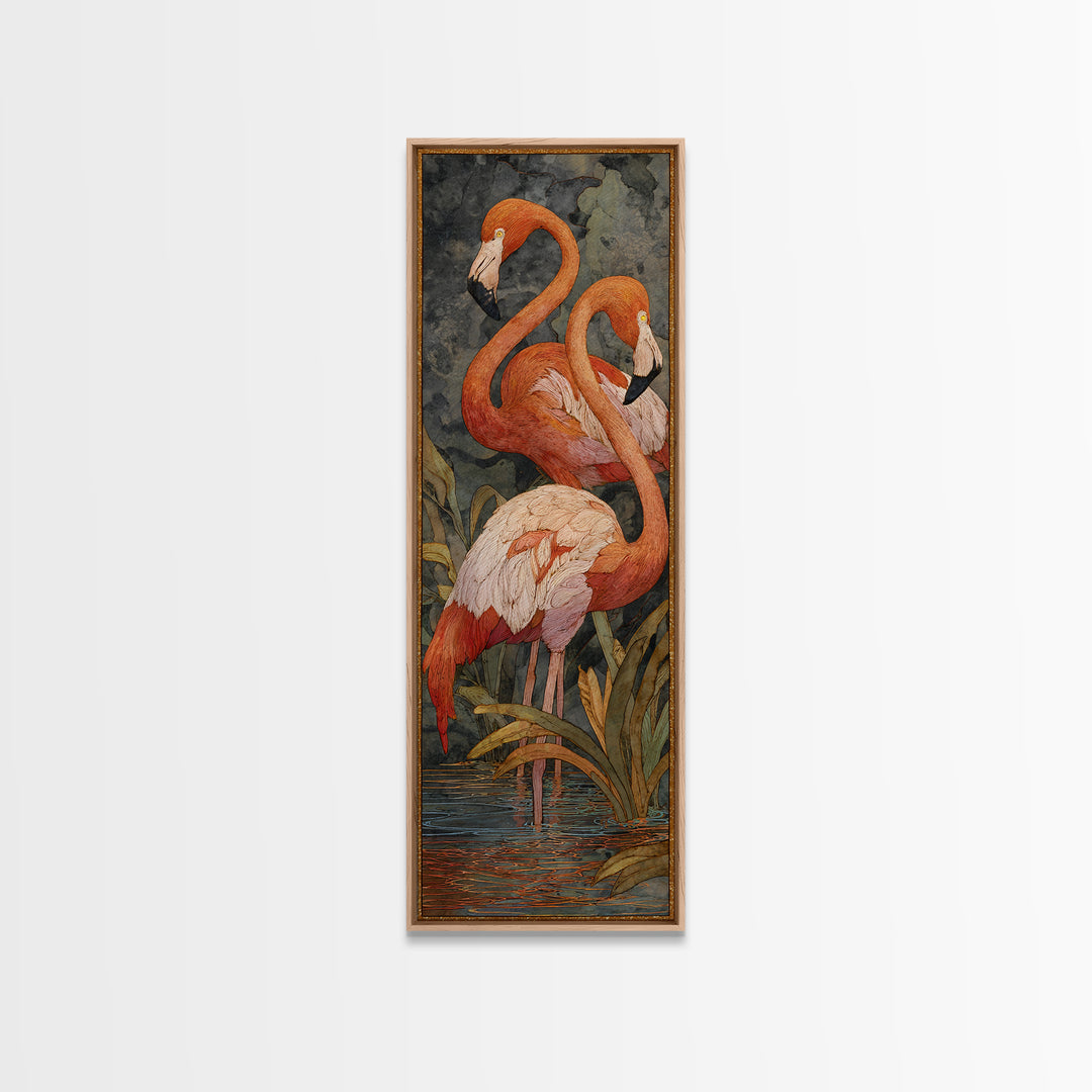 Flamingo Pair Beside Shallow Water Framed Canvas Print, Patio Art, Rustic Decor, Patio Decor, Fine Art, Outdoor, PAT-1x3-70