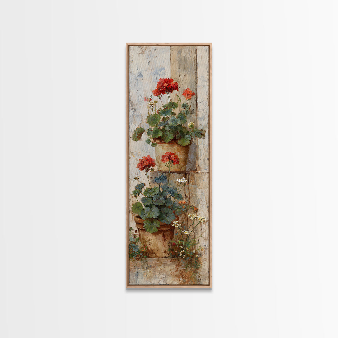 Potted Geraniums in Rustic Clay Pots Framed Canvas Print, Patio Art, Outdoor Art, Patio Decor, Fine Art, Outdoor, PAT-1x3-74
