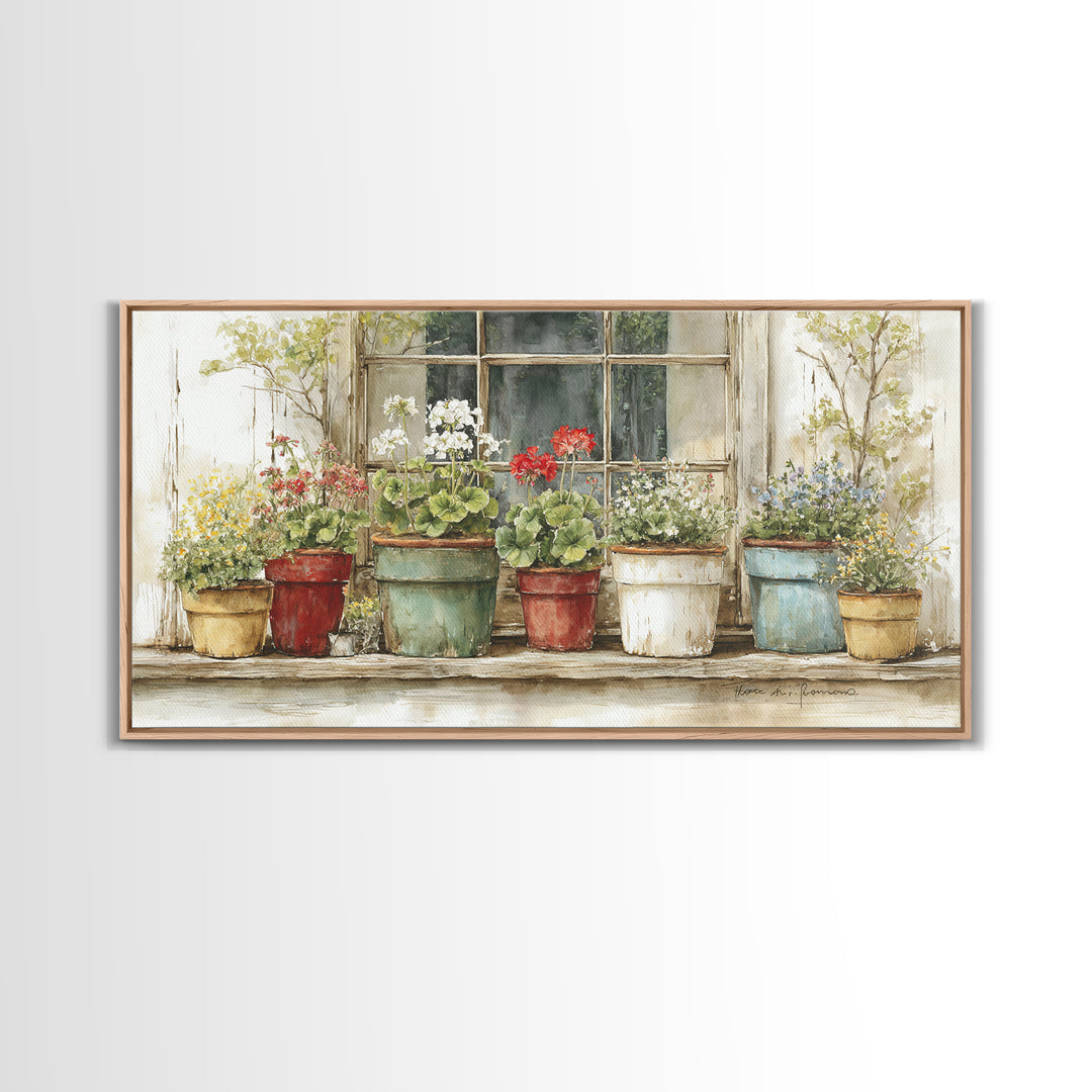 Potted Geraniums in Rustic Clay Pots Framed Canvas Print, Patio Art, Art Print, Patio Decor, Fine Art, Outdoor, Garden Decor, PAT-2x1-10