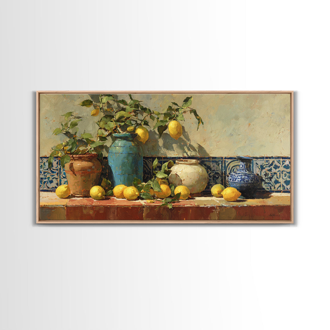 Mediterranean Lemons and Blue Tile Pattern Canvas Print, Patio Art, Boho Decor, Patio Decor, Fine Art, Outdoor, Outdoor Decor, PAT-2x1-22