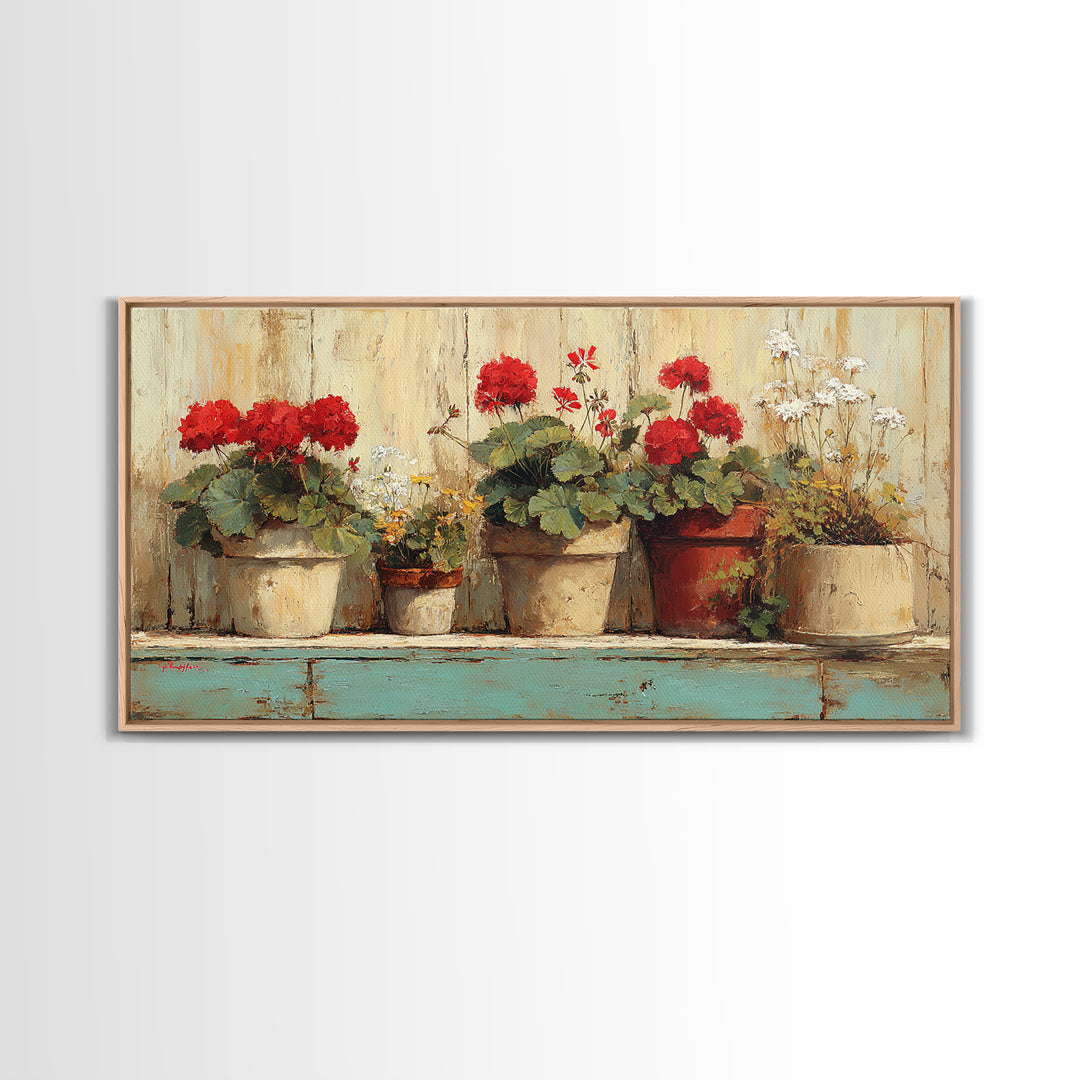 Potted Geraniums in Rustic Clay Pots Framed Canvas Print, Patio Art, Art Print, Patio Decor, Fine Art, Outdoor, Garden Decor, PAT-2x1-34