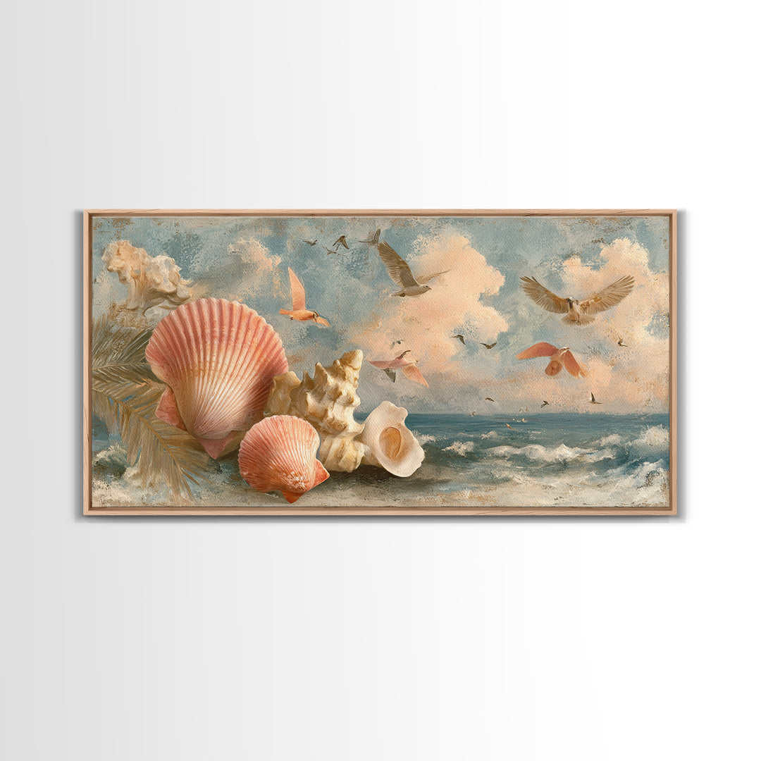 Beachy Shell and Palm Arrangement Canvas Print, Patio Art, Outdoor Decor, Patio Decor, Oil Painting, Outdoor, Bar Art, PAT-2x1-39