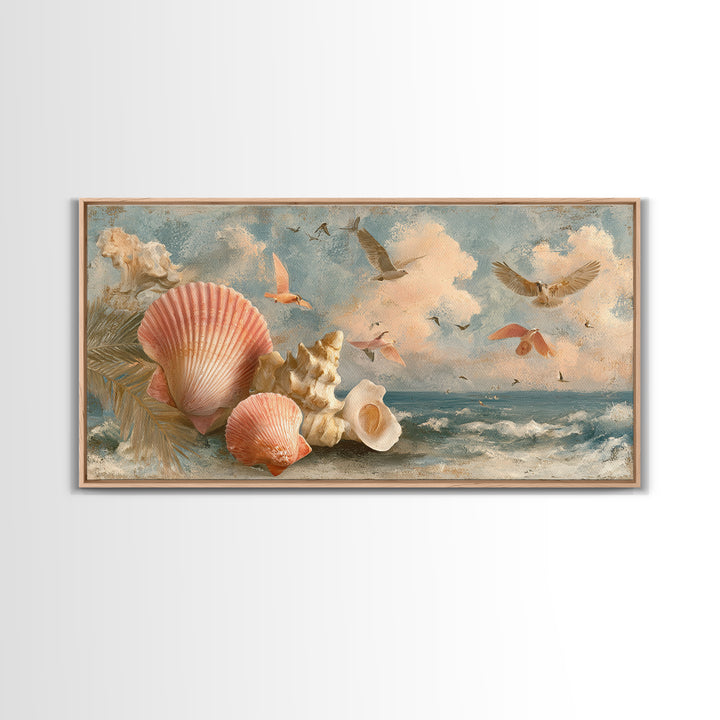 Beachy Shell and Palm Arrangement Canvas Print, Patio Art, Outdoor Decor, Patio Decor, Oil Painting, Outdoor, Bar Art, PAT-2x1-39