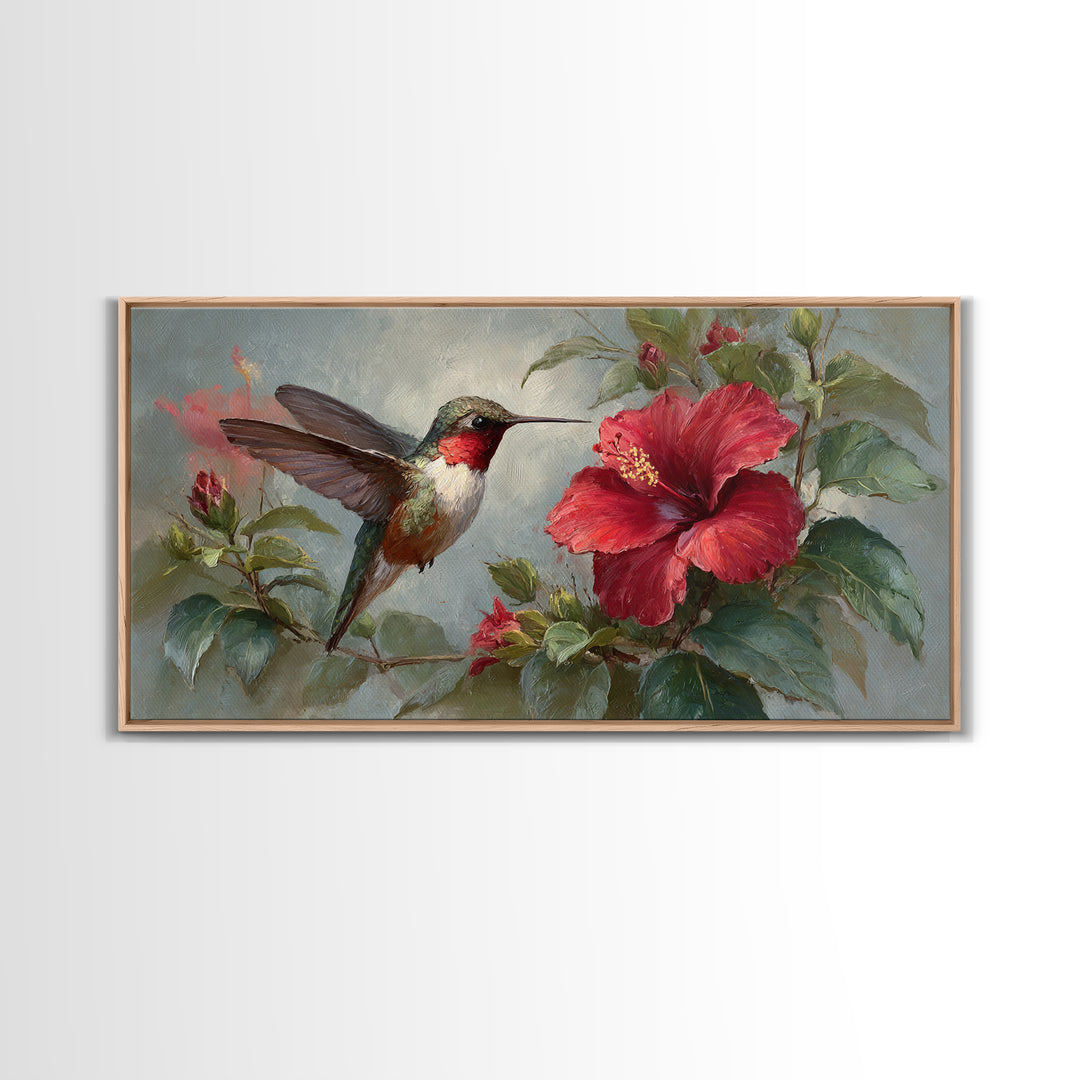 Hummingbird Visiting Bright Hibiscus Canvas Print, Patio Art, Metal Art, Patio Decor, Oil Painting, Outdoor, Patio Cushions, PAT-2x1-47