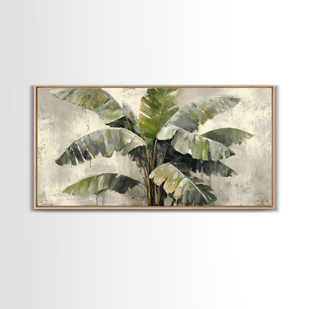 Banana Leaves with Rain Drop Details Framed Canvas Print, Patio Art, Wall Hanging, Patio Decor, Oil Painting, Outdoor, PAT-2x1-60