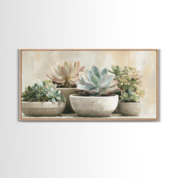 Succulent Collection in Ceramic Planters Framed Canvas Print, Patio Art, Metal Wall Art, Patio Decor, Abstract Art, Outdoor, PAT-2x1-65