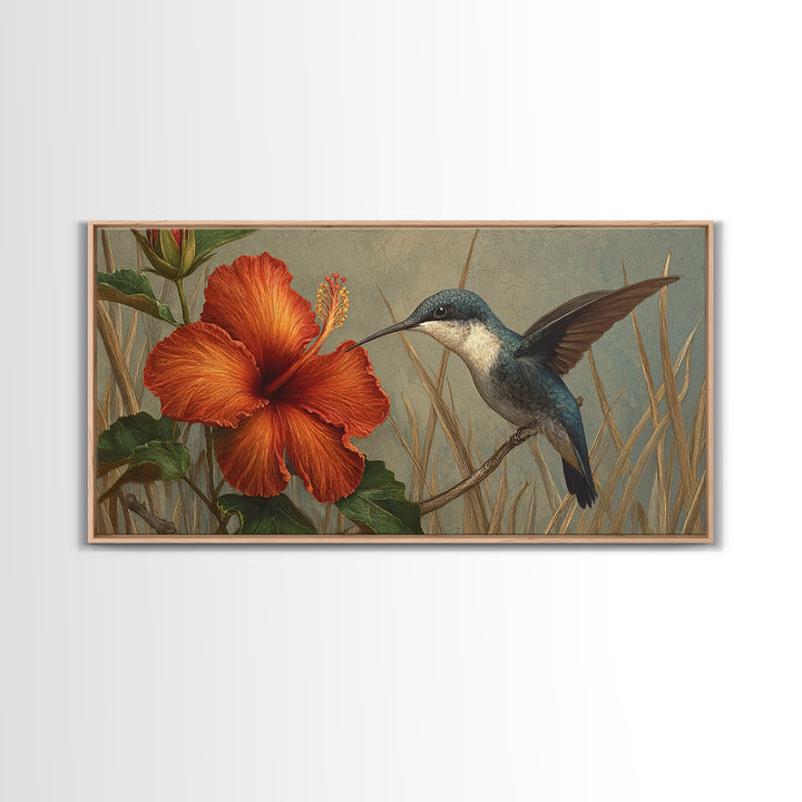 Hummingbird Visiting Bright Hibiscus Canvas Print, Patio Art, Lake House Decor, Patio Decor, Abstract Art, Outdoor, Boho Decor, PAT-2x1-71