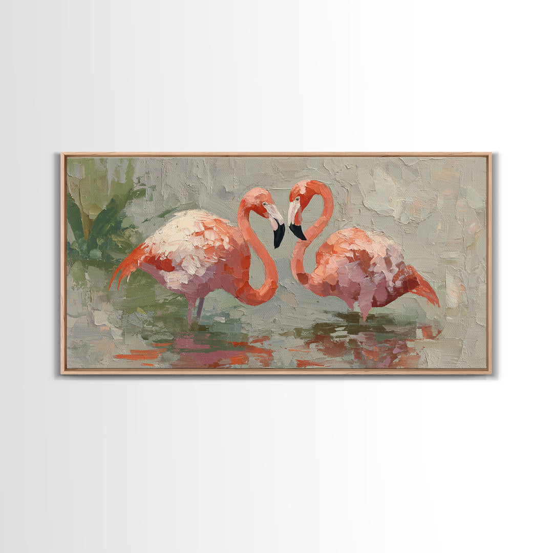 Flamingo Pair Beside Shallow Water Canvas Print, Patio Art, Contemporary Art, Patio Decor, Fine Art, Outdoor, Metal Art, PAT-2x1-78