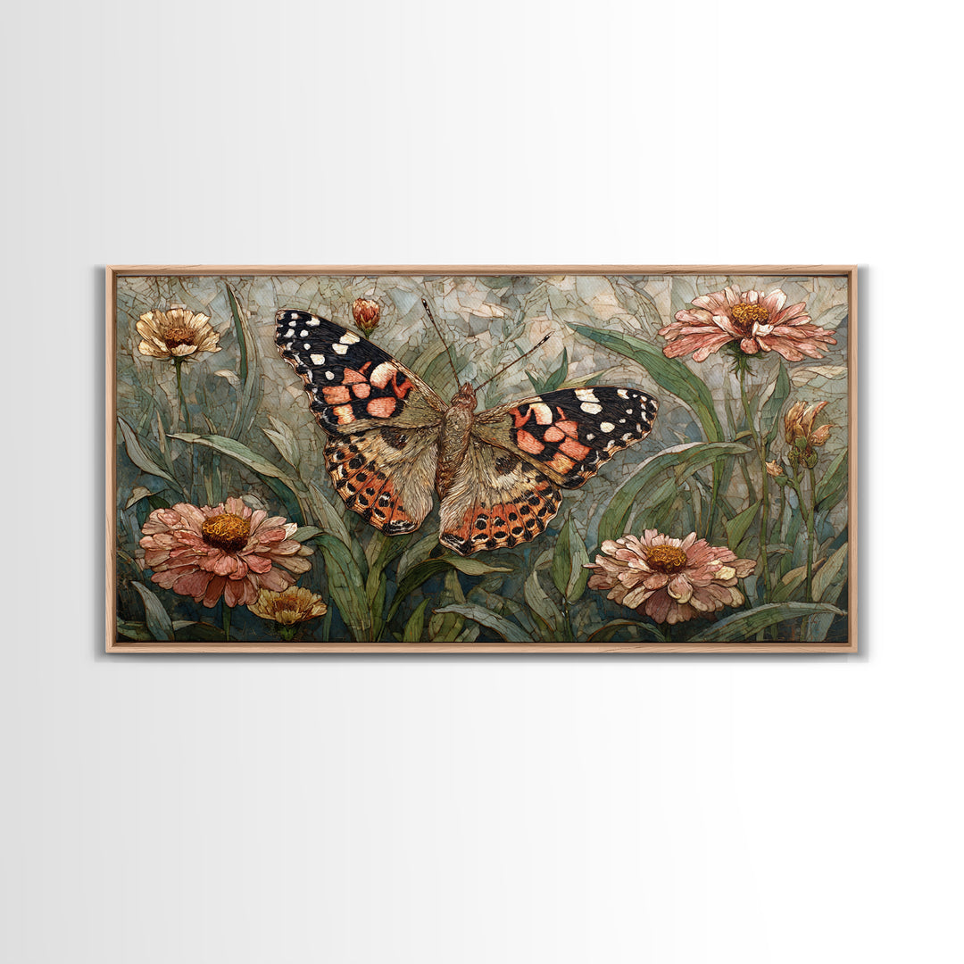 Butterfly Garden with Zinnias and Daisies Framed Canvas Print, Patio Art, Outdoor Wall Art, Patio Decor, Fine Art, Outdoor, PAT-2x1-81
