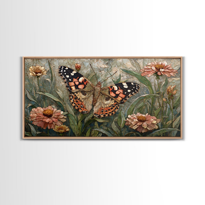 Butterfly Garden with Zinnias and Daisies Framed Canvas Print, Patio Art, Outdoor Wall Art, Patio Decor, Fine Art, Outdoor, PAT-2x1-81