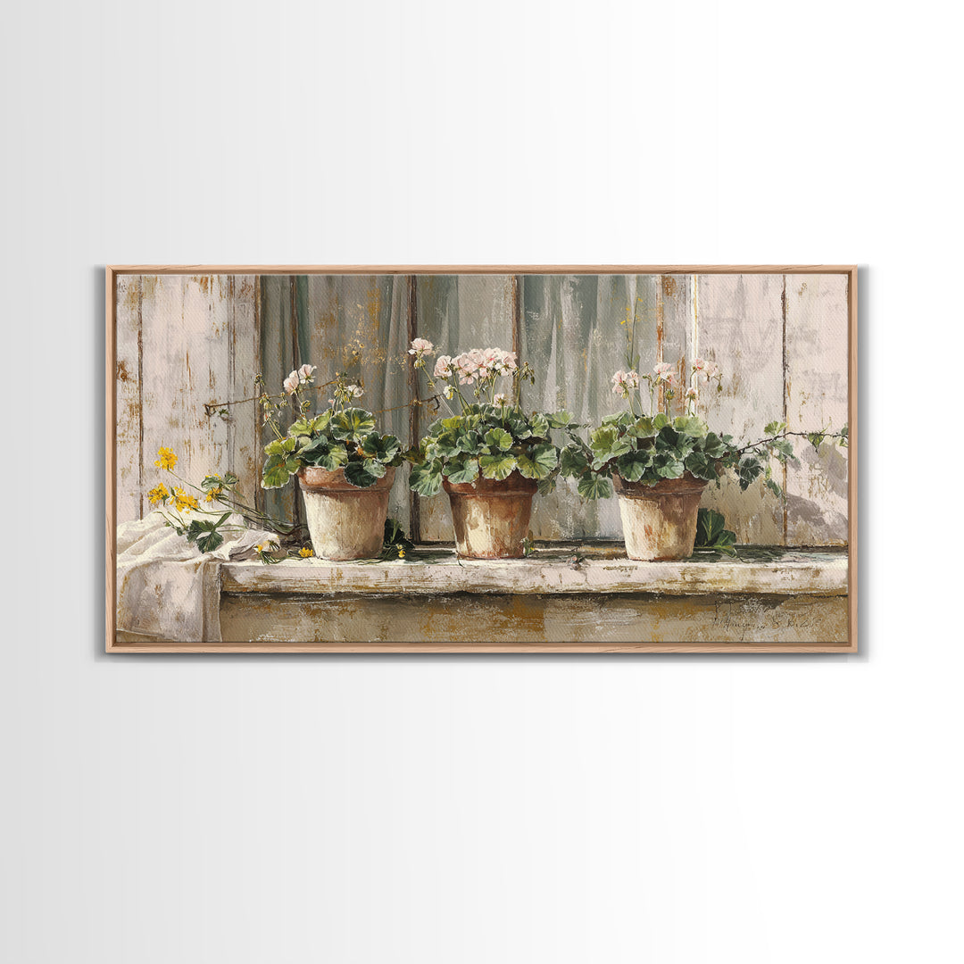Potted Geraniums in Rustic Clay Pots Canvas Print, Patio Art, Wall Art, Patio Decor, Fine Art, Outdoor, Outdoor Wall Decor, PAT-2x1-82