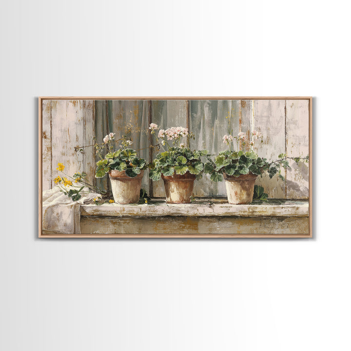 Potted Geraniums in Rustic Clay Pots Canvas Print, Patio Art, Wall Art, Patio Decor, Fine Art, Outdoor, Outdoor Wall Decor, PAT-2x1-82