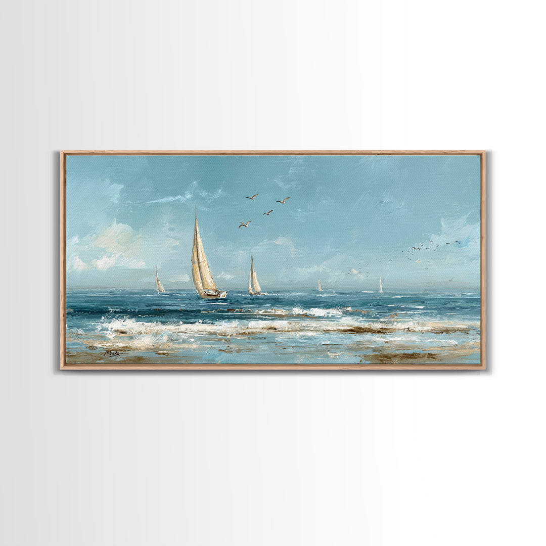 Sailboat on a Breezy Summer Horizon Framed Canvas Print, Patio Art, Contemporary Art, Patio Decor, Oil Painting, Outdoor, PAT-2x1-83