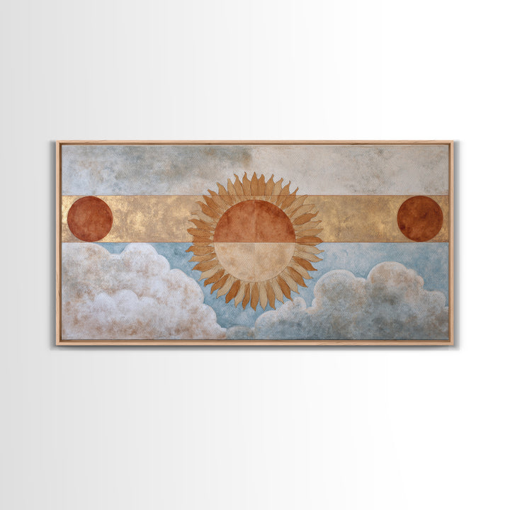 Sun Motif with Warm Terracotta Rays Framed Canvas Print, Patio Art, Home Decor, Patio Decor, Fine Art, Outdoor, Floral Wall Art, PAT-2x1-86