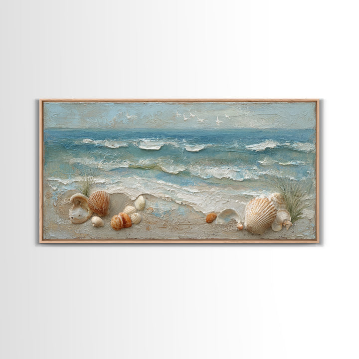 Beachy Shell and Palm Arrangement Framed Canvas Print, Patio Art, Porch Decor, Patio Decor, Fine Art, Outdoor, Fine Art Print, PAT-2x1-87