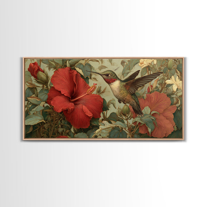 Hummingbird Visiting Bright Hibiscus Framed Canvas Print, Patio Art, Outdoor Art, Patio Decor, Fine Art, Outdoor, PAT-2x1-95