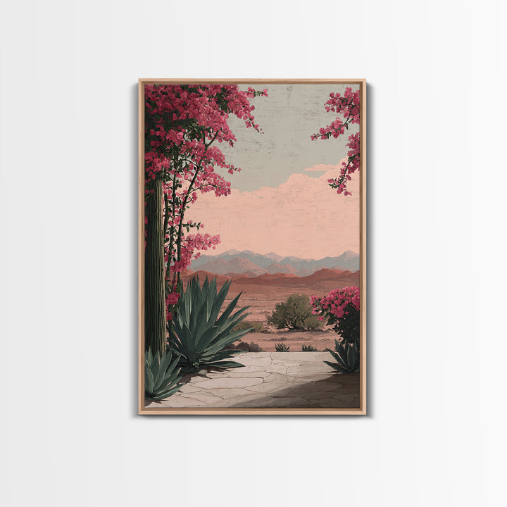 Desert Patio Agave and Bougainvillea Framed Canvas Print, Patio Art, Wall Art, Patio Decor, Oil Painting, Outdoor, PAT-2x3-1