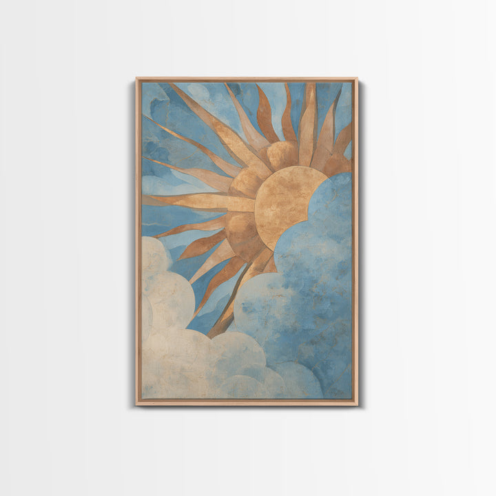 Sun Motif with Warm Terracotta Rays Framed Canvas Print, Patio Art, Boho Decor, Patio Decor, Abstract Art, Outdoor, PAT-2x3-2
