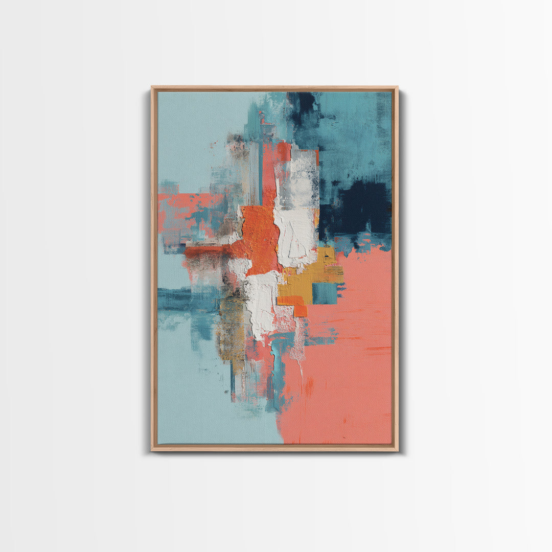 Bright Coral and Turquoise Abstract for Outdoors Framed Canvas Print, Patio Art, Wall Hanging, Patio Decor, Abstract Art, PAT-2x3-20