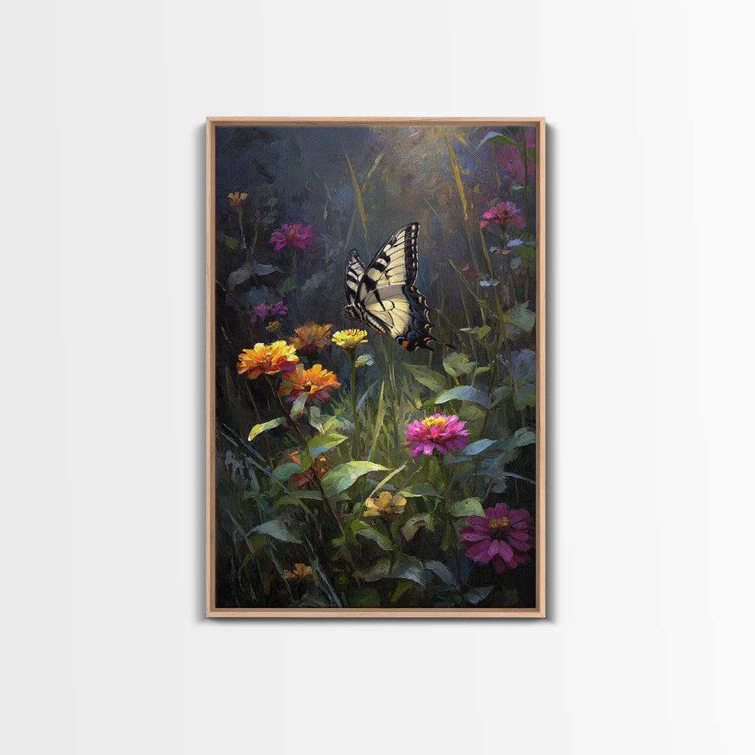 Butterfly Garden with Zinnias and Daisies Framed Canvas Print, Patio Art, Contemporary Art, Patio Decor, Fine Art, Outdoor, PAT-2x3-21