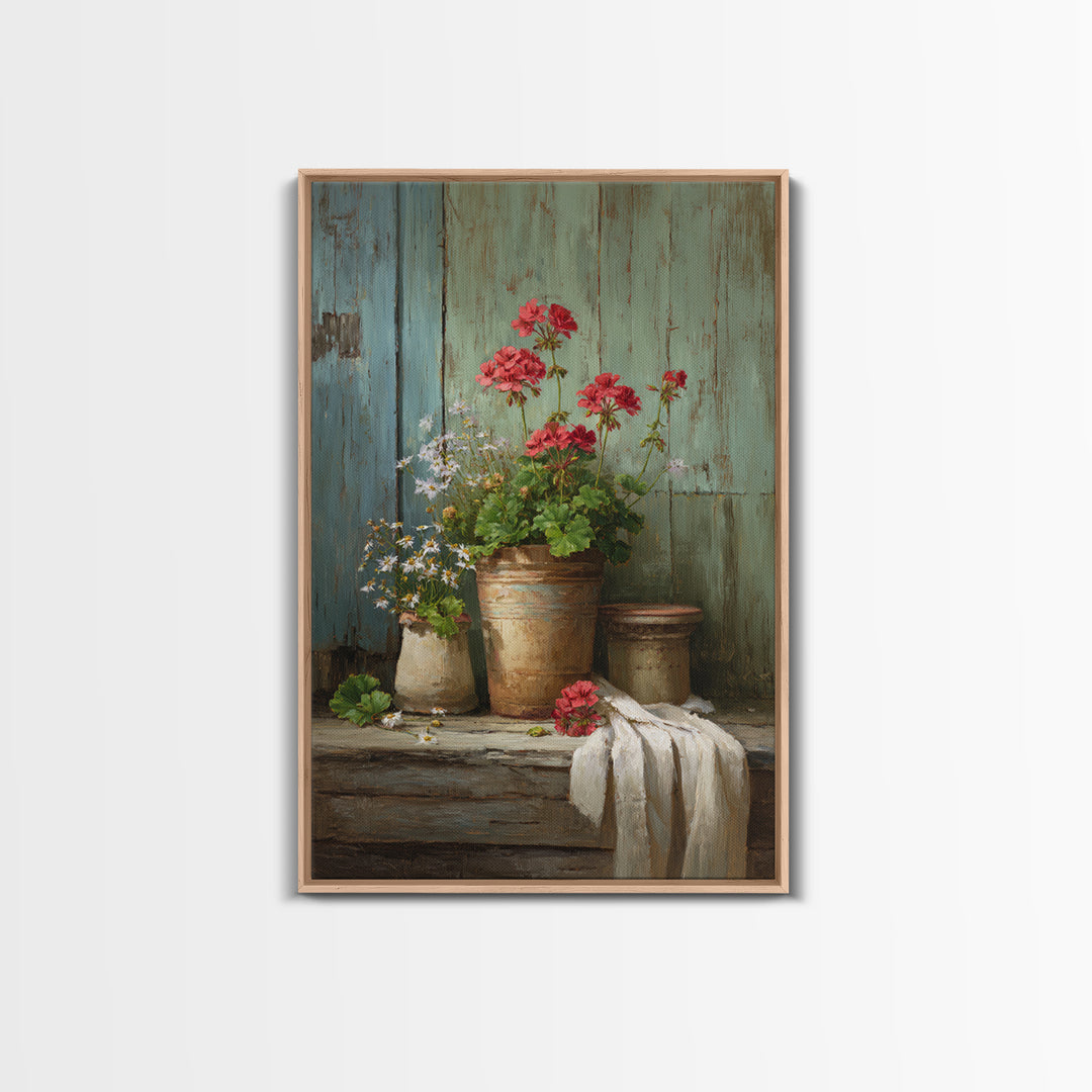 Potted Geraniums in Rustic Clay Pots Framed Canvas Print, Patio Art, Textured Painting, Patio Decor, Fine Art, Outdoor, PAT-2x3-22