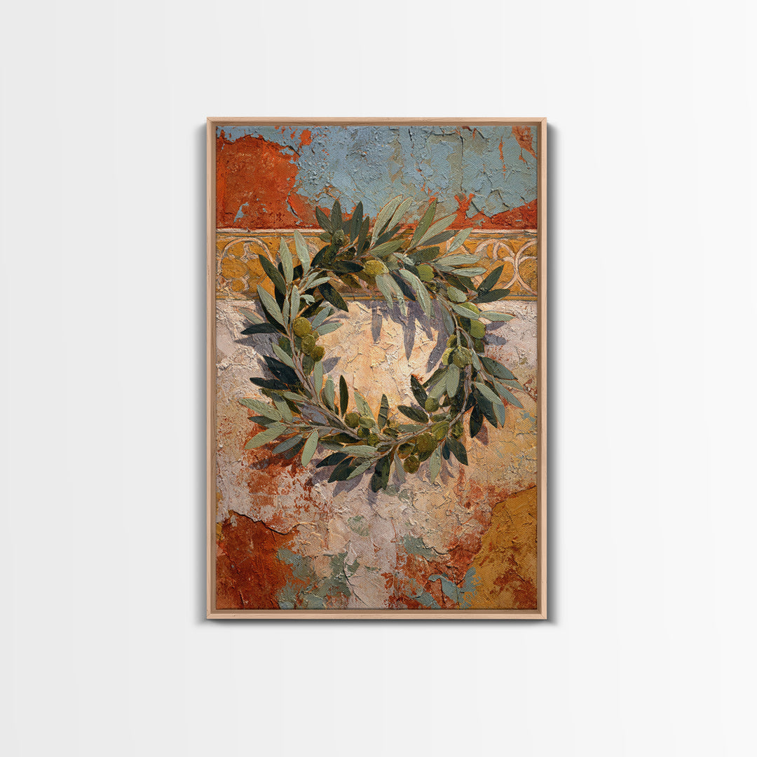 Olive Branch Wreath on Warm Plaster Framed Canvas Print, Patio Art, Outdoor Decor, Patio Decor, Fine Art, Outdoor, Bar Art, PAT-2x3-41