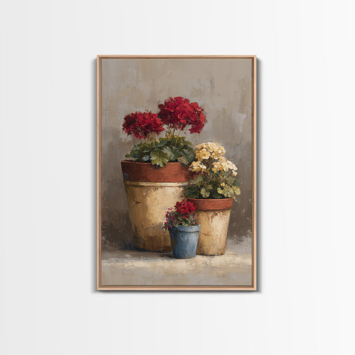 Potted Geraniums in Rustic Clay Pots Framed Canvas Print, Patio Art, Textured Painting, Patio Decor, Fine Art, Outdoor, PAT-2x3-46