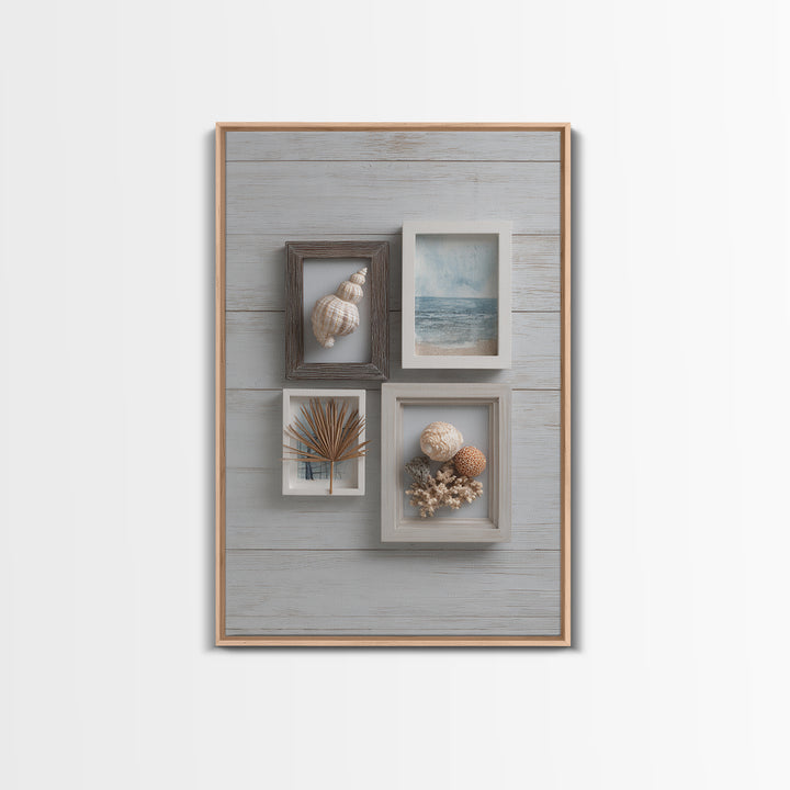 Beachy Shell and Palm Arrangement Framed Canvas Print, Patio Art, Room Decor, Patio Decor, Oil Painting, Outdoor, Garden Art, PAT-2x3-51