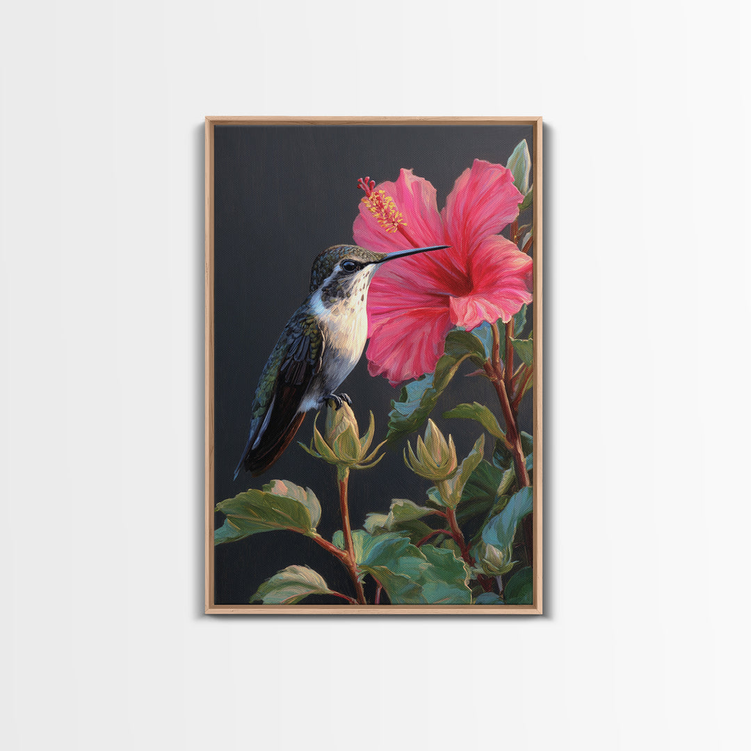 Hummingbird Visiting Bright Hibiscus Framed Canvas Print, Patio Art, Decor, Patio Decor, Oil Painting, Outdoor, PAT-2x3-59