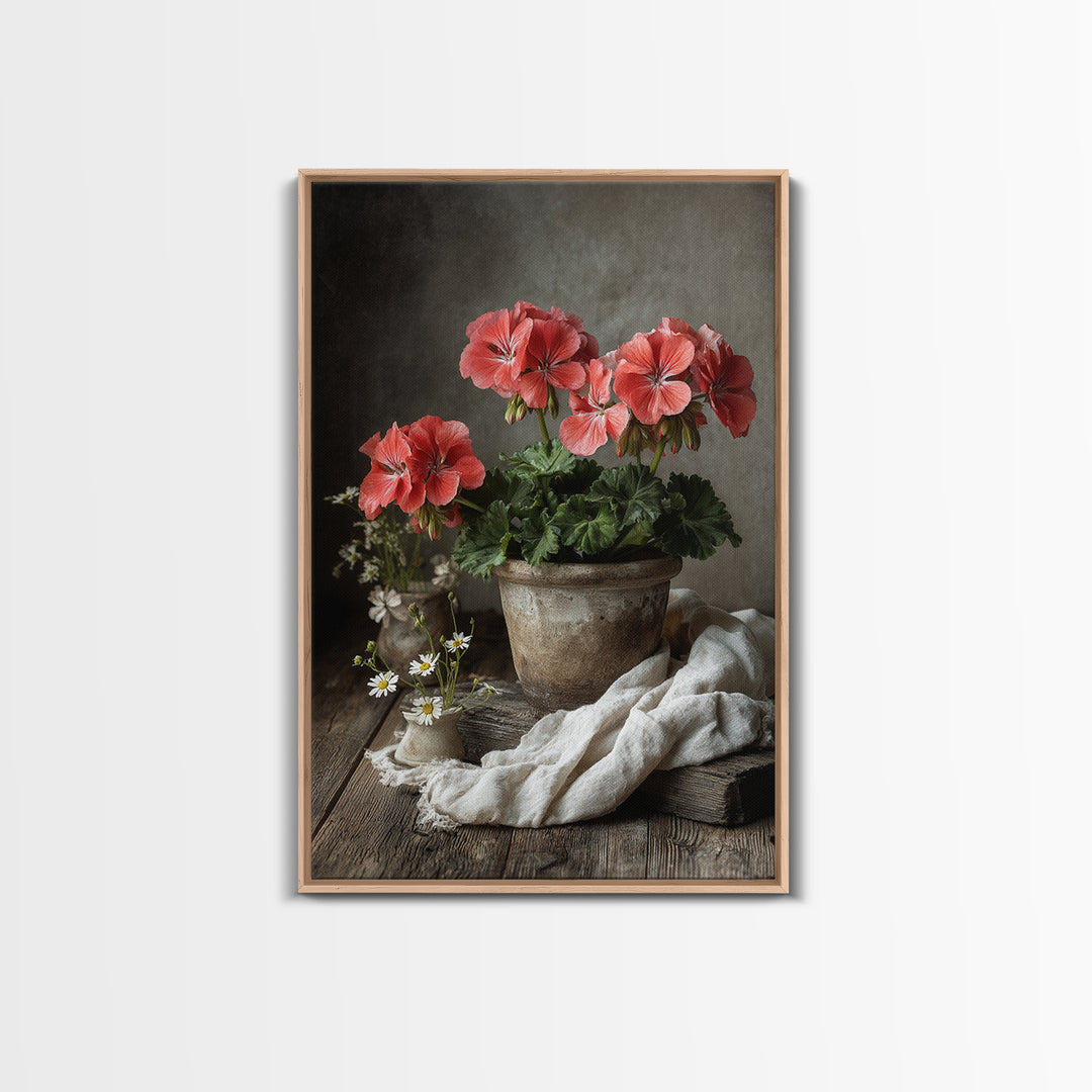 Potted Geraniums in Rustic Clay Pots Canvas Print, Patio Art, Wall Decor, Patio Decor, Fine Art, Outdoor, Coastal Decor, PAT-2x3-70