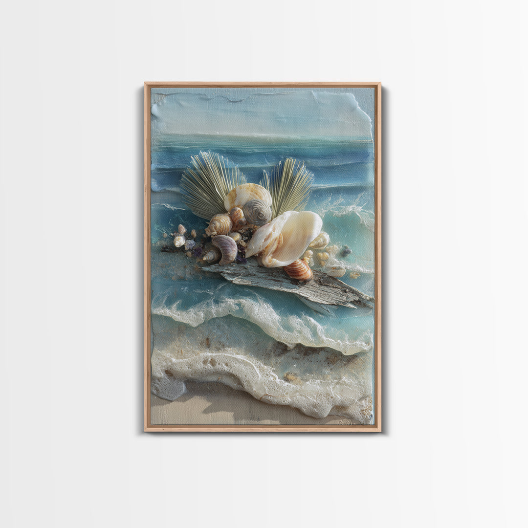 Beachy Shell and Palm Arrangement Framed Canvas Print, Patio Art, Garden Decor, Patio Decor, Fine Art, Outdoor, Beach Art, PAT-2x3-75