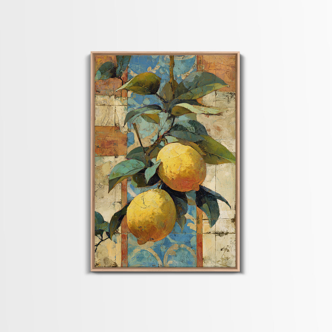 Mediterranean Lemons and Blue Tile Pattern Canvas Print, Patio Art, Metal Wall Art, Patio Decor, Outdoor, Coastal Wall Decor, PAT-2x3-82