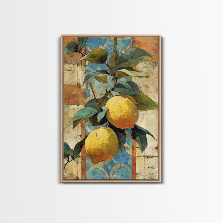 Mediterranean Lemons and Blue Tile Pattern Canvas Print, Patio Art, Metal Wall Art, Patio Decor, Outdoor, Coastal Wall Decor, PAT-2x3-82
