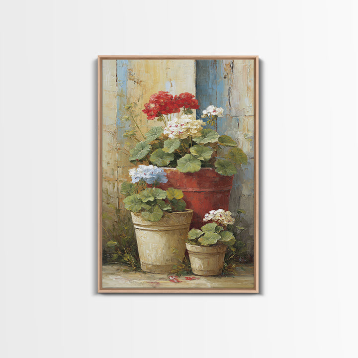 Potted Geraniums in Rustic Clay Pots Framed Canvas Print, Patio Art, Garden Art, Patio Decor, Outdoor, Beach House Decor, PAT-2x3-94