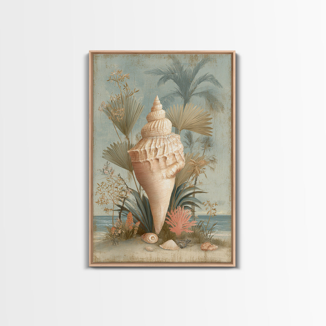 Beachy Shell and Palm Arrangement Canvas Print, Patio Art, Outdoor Wall Decor, Patio Decor, Fine Art, Outdoor, Yard Decor, PAT-2x3-99