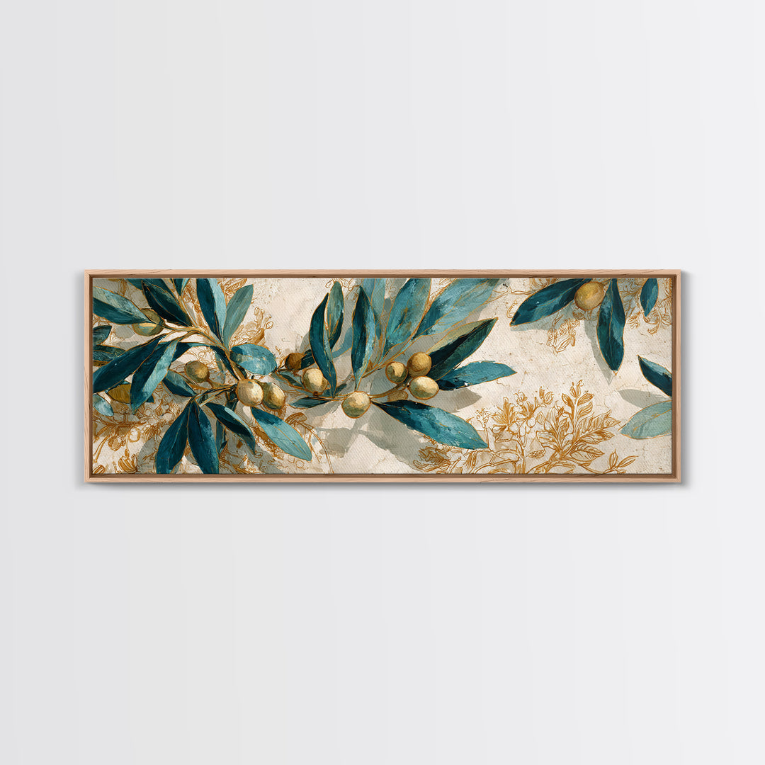 Olive Branch Wreath on Warm Plaster Framed Canvas Print, Patio Art, Floral Wall Art, Patio Decor, Outdoor, Mixed Media Art, PAT-3x1-1