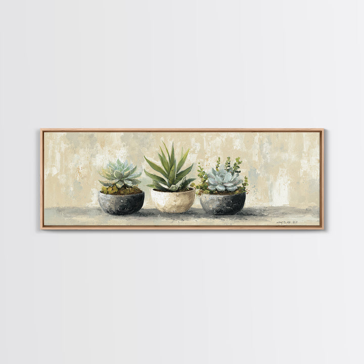 Succulent Collection in Ceramic Planters Canvas Print, Patio Art, Yard Art, Patio Decor, Fine Art, Outdoor, Lake House Decor, PAT-3x1-13