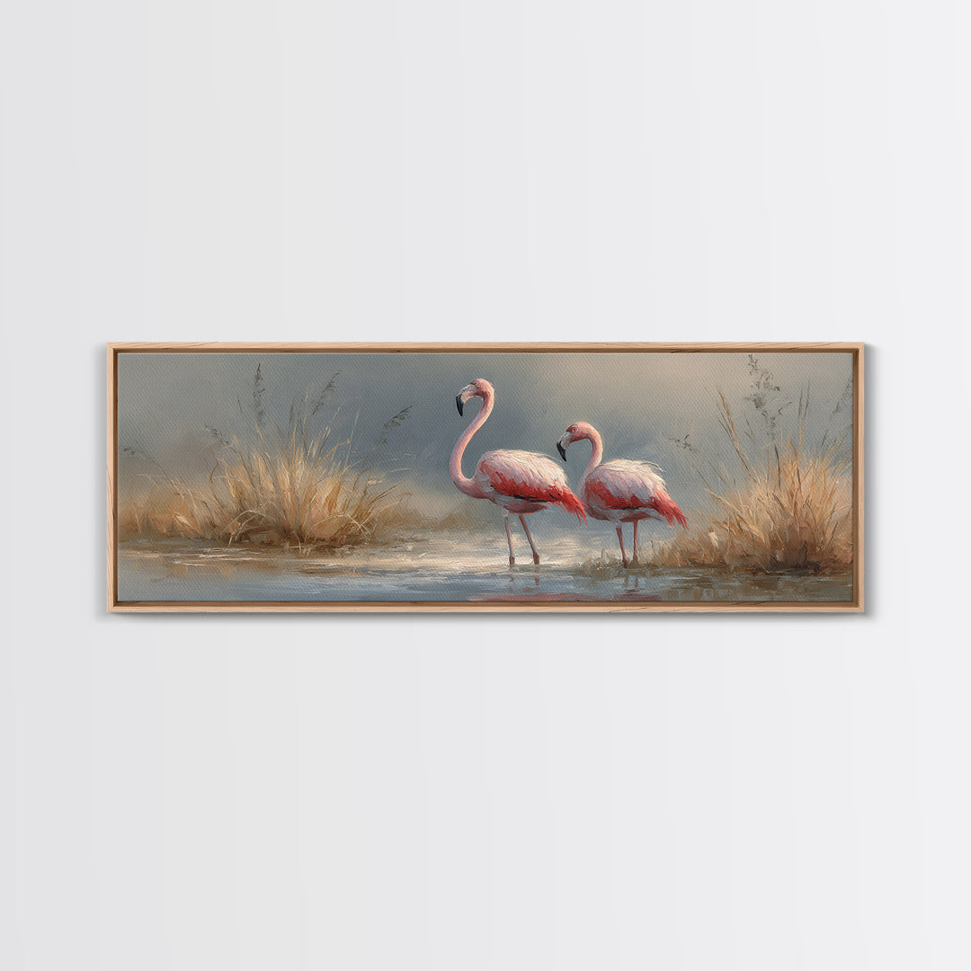 Flamingo Pair Beside Shallow Water Framed Canvas Print, Patio Art, Metal Wall Art, Patio Decor, Outdoor, Coastal Wall Decor, PAT-3x1-2