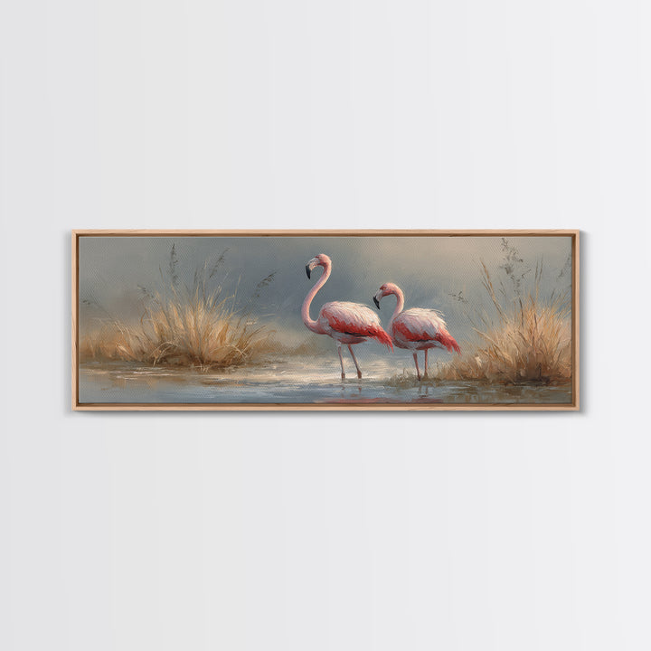 Flamingo Pair Beside Shallow Water Framed Canvas Print, Patio Art, Metal Wall Art, Patio Decor, Outdoor, Coastal Wall Decor, PAT-3x1-2