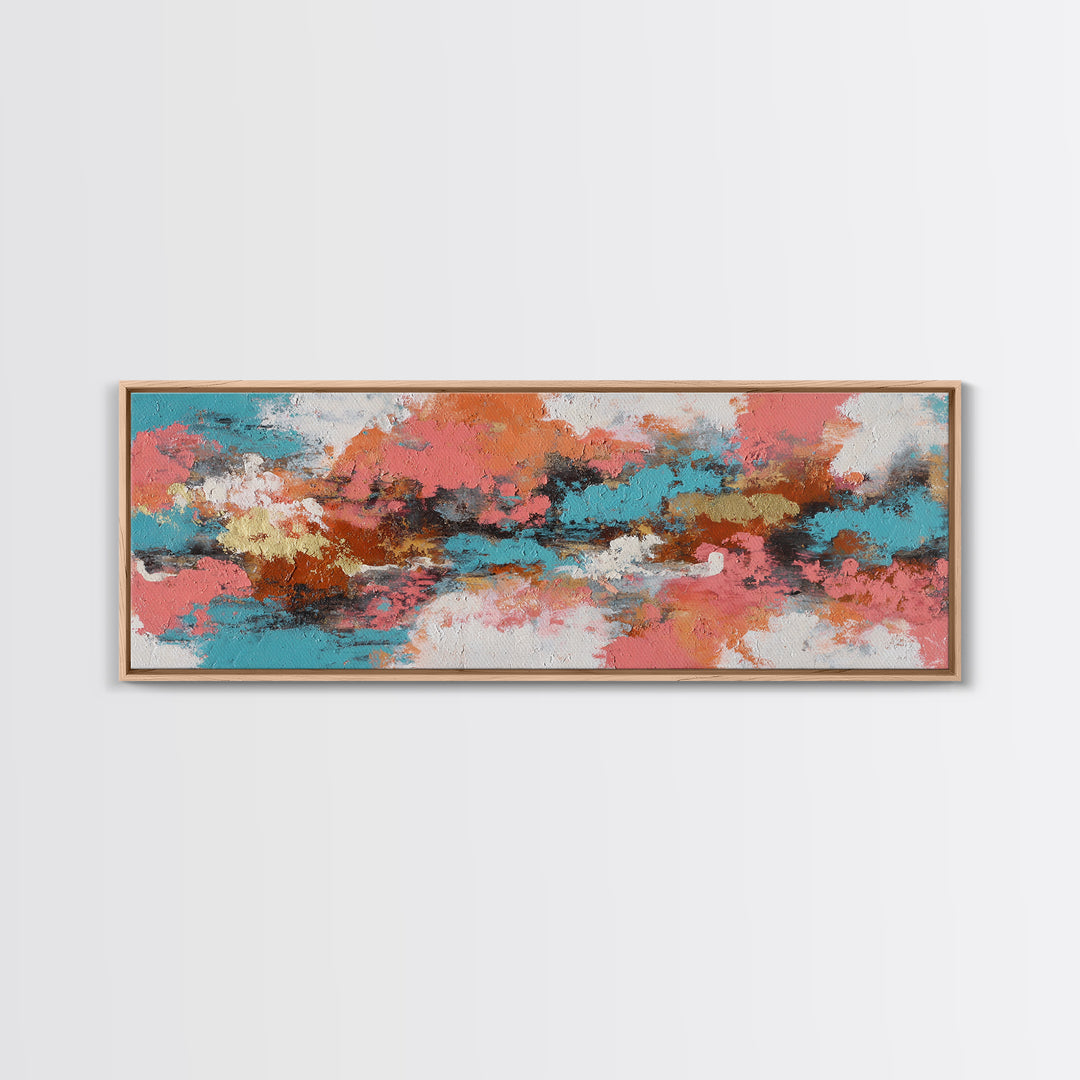 Bright Coral and Turquoise Abstract for Outdoors Framed Canvas Print, Patio Art, Rustic Decor, Patio Decor, Abstract Art, PAT-3x1-28