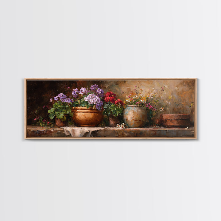 Potted Geraniums in Rustic Clay Pots Canvas Print, Patio Art, Wall Art, Patio Decor, Fine Art, Outdoor, Outdoor Wall Decor, PAT-3x1-30
