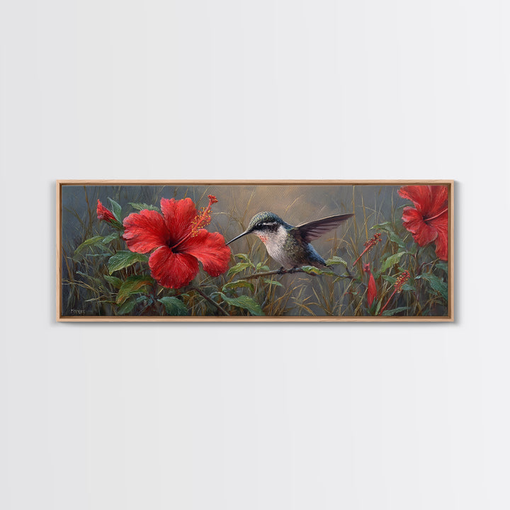 Hummingbird Visiting Bright Hibiscus Canvas Print, Patio Art, Wall Decor, Patio Decor, Fine Art, Outdoor, Coastal Decor, PAT-3x1-43