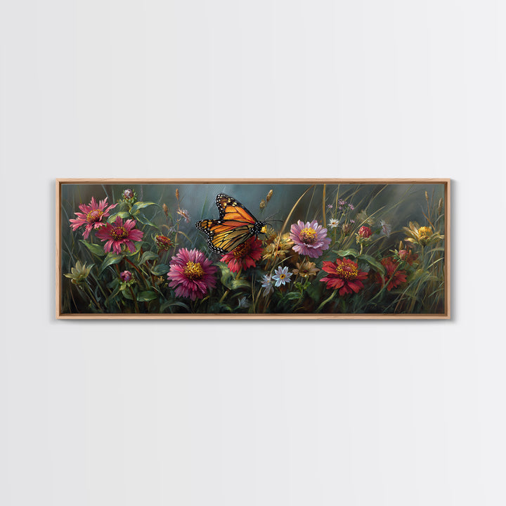 Butterfly Garden with Zinnias and Daisies Framed Canvas Print, Patio Art, Outdoor Wall Art, Patio Decor, Fine Art, Outdoor, PAT-3x1-5