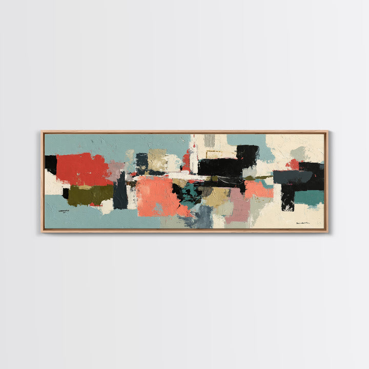 Bright Coral and Turquoise Abstract for Outdoors Framed Canvas Print, Patio Art, Room Decor, Patio Decor, Fine Art, Outdoor, PAT-3x1-52