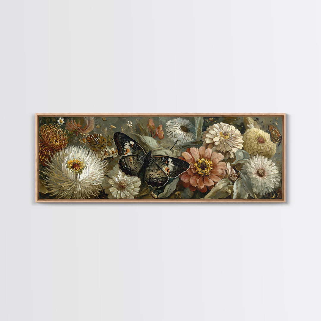 Butterfly Garden with Zinnias and Daisies Framed Canvas Print, Patio Art, Beach House Decor, Patio Decor, Oil Painting, Outdoor, PAT-3x1-53