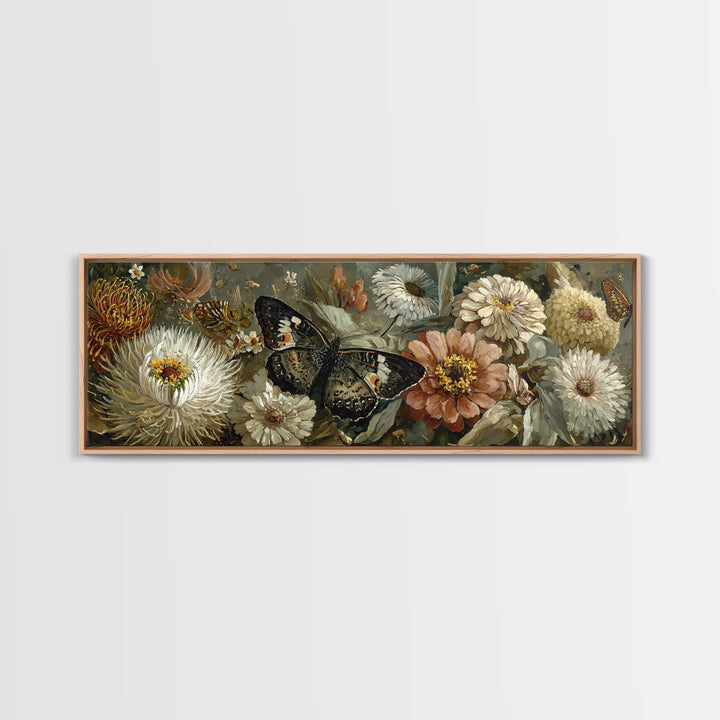 Butterfly Garden with Zinnias and Daisies Framed Canvas Print, Patio Art, Beach House Decor, Patio Decor, Oil Painting, Outdoor, PAT-3x1-53