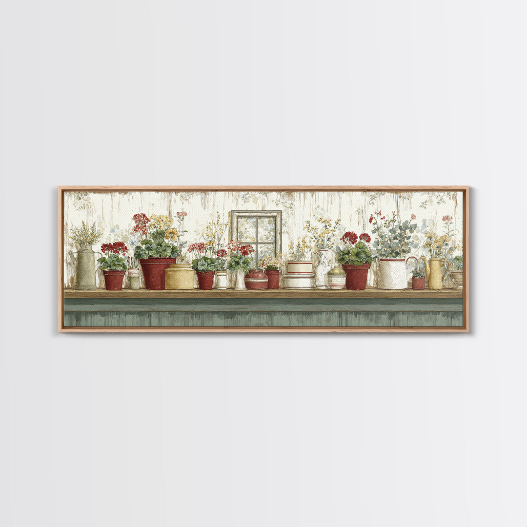 Potted Geraniums in Rustic Clay Pots Canvas Print, Patio Art, Lake House Decor, Patio Decor, Fine Art, Outdoor, Boho Decor, PAT-3x1-54