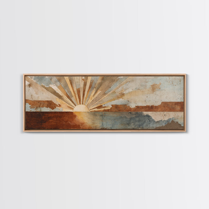 Sun Motif with Warm Terracotta Rays Framed Canvas Print, Patio Art, Outdoor Wall Decor, Patio Decor, Fine Art, Outdoor, PAT-3x1-58