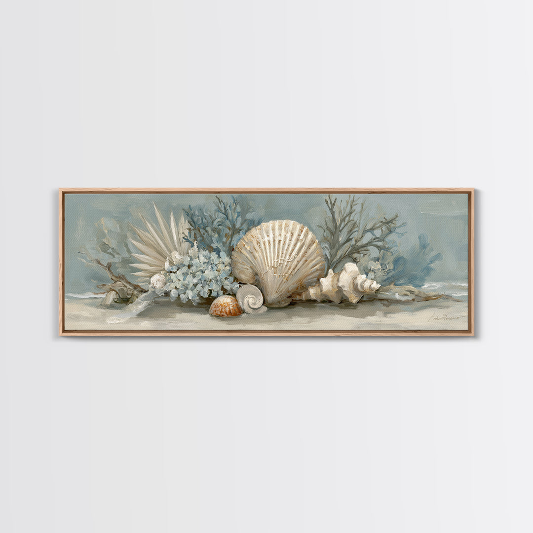 Beachy Shell and Palm Arrangement Framed Canvas Print, Patio Art, Wall Art, Patio Decor, Fine Art, Outdoor, Outdoor Wall Decor, PAT-3x1-59