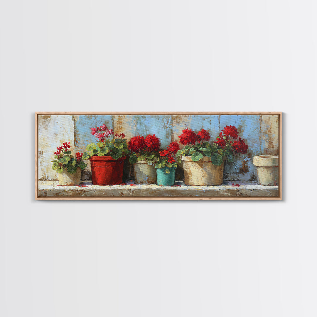 Potted Geraniums in Rustic Clay Pots Canvas Print, Patio Art, Porch Decor, Patio Decor, Fine Art, Outdoor, Fine Art Print, PAT-3x1-6